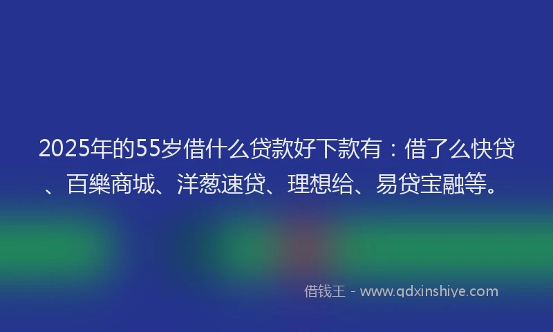 2025年的55岁借什么贷款好下款有:借了么快贷、百樂商城、洋葱速贷、理想给、易贷宝融等。