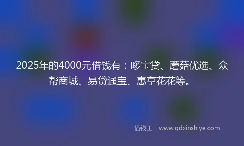 2025年的4000元借钱有：哆宝贷、蘑菇优选、众帮商城、易贷通宝、惠享花花等。