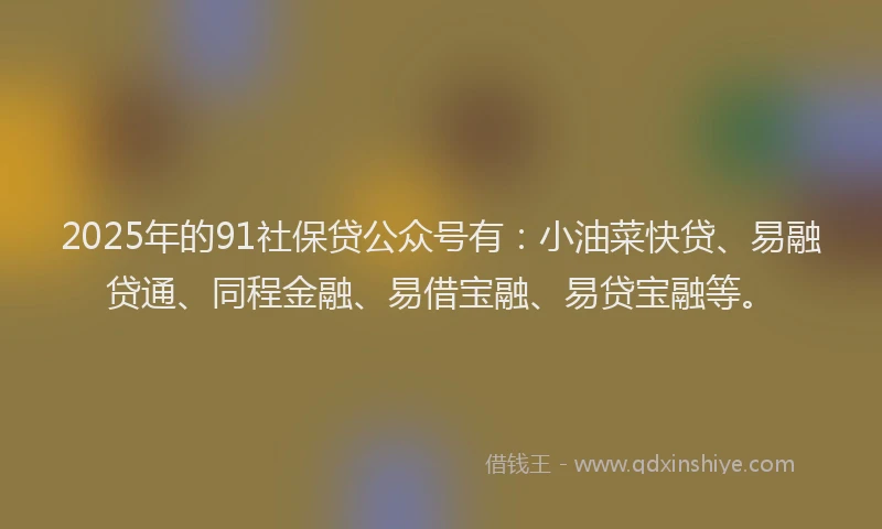 2025年的91社保贷公众号有：小油菜快贷、易融贷通、同程金融、易借宝融、易贷宝融等。