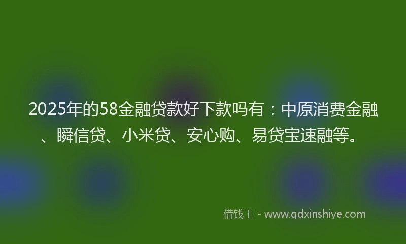 2025年的58金融贷款好下款吗有：中原消费金融、瞬信贷、小米贷、安心购、易贷宝速融等。