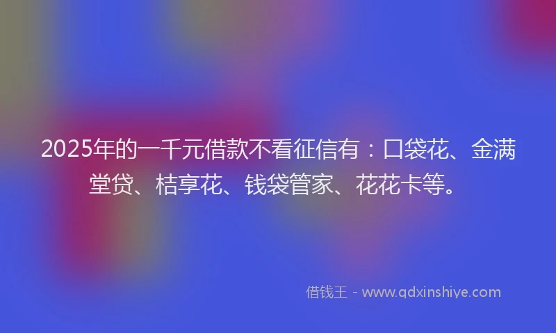 2025年的一千元借款不看征信有：口袋花、金满堂贷、桔享花、钱袋管家、花花卡等。