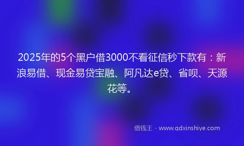 2025年的5个黑户借3000不看征信秒下款有：新浪易借、现金易贷宝融、阿凡达e贷、省呗、天源花等。