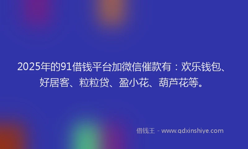 2025年的91借钱平台加微信催款有：欢乐钱包、好居客、粒粒贷、盈小花、葫芦花等。