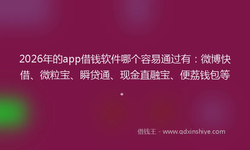 2026年的app借钱软件哪个容易通过有：微博快借、微粒宝、瞬贷通、现金直融宝、便荔钱包等。