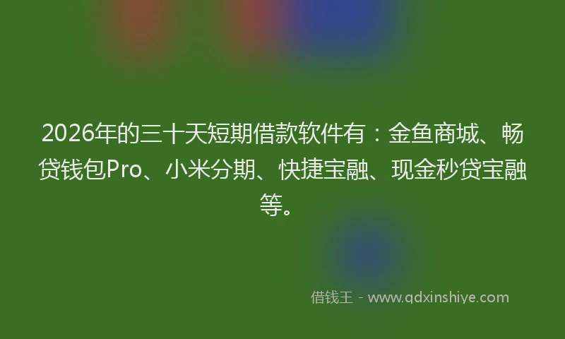 2026年的三十天短期借款软件有：金鱼商城、畅贷钱包Pro、小米分期、快捷宝融、现金秒贷宝融等。
