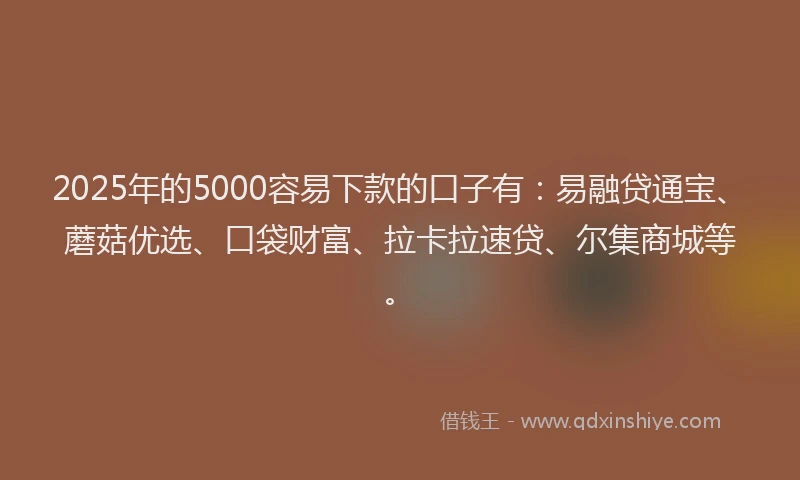 2025年的5000容易下款的口子有:易融贷通宝、蘑菇优选、口袋财富、拉卡拉速贷、尔集商城等。