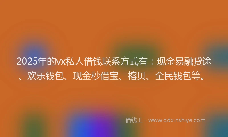 2025年的vx私人借钱联系方式有：现金易融贷途、欢乐钱包、现金秒借宝、榕贝、全民钱包等。