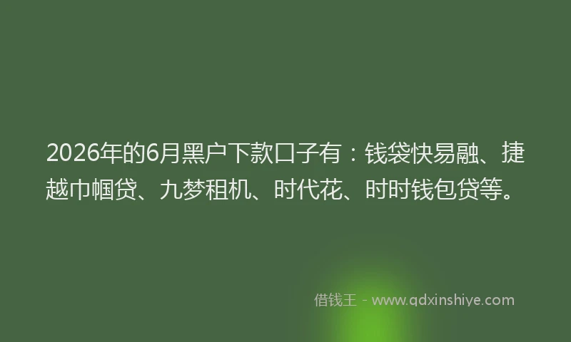 2026年的6月黑户下款口子有：钱袋快易融、捷越巾帼贷、九梦租机、时代花、时时钱包贷等。