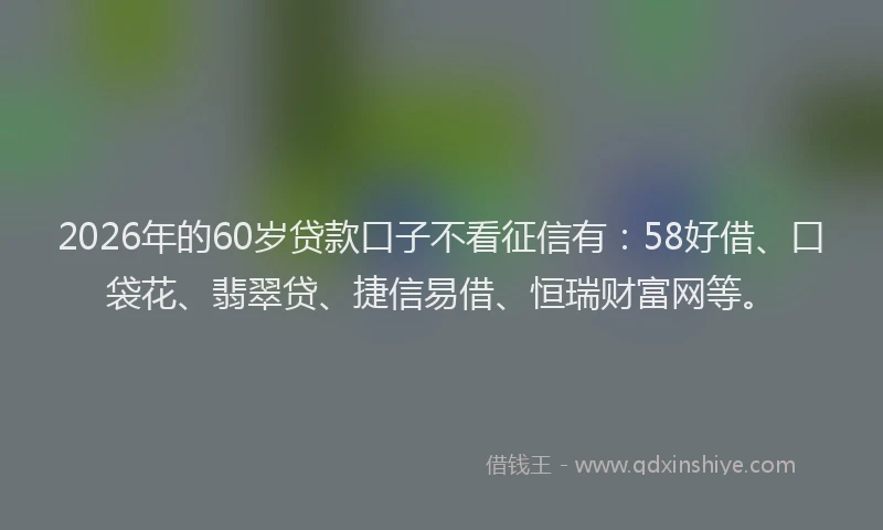 2026年的60岁贷款口子不看征信有:58好借、口袋花、翡翠贷、捷信易借、恒瑞财富网等。