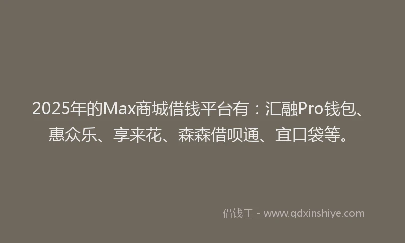 2025年的Max商城借钱平台有：汇融Pro钱包、惠众乐、享来花、森森借呗通、宜口袋等。