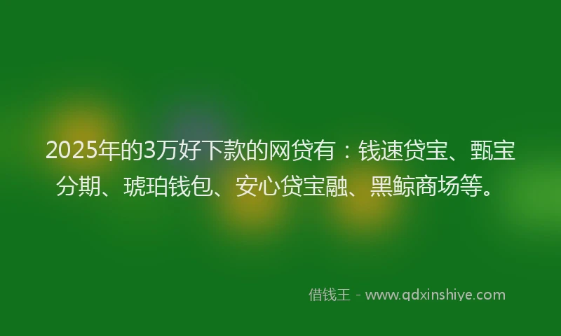 2025年的3万好下款的网贷有：钱速贷宝、甄宝分期、琥珀钱包、安心贷宝融、黑鲸商场等。