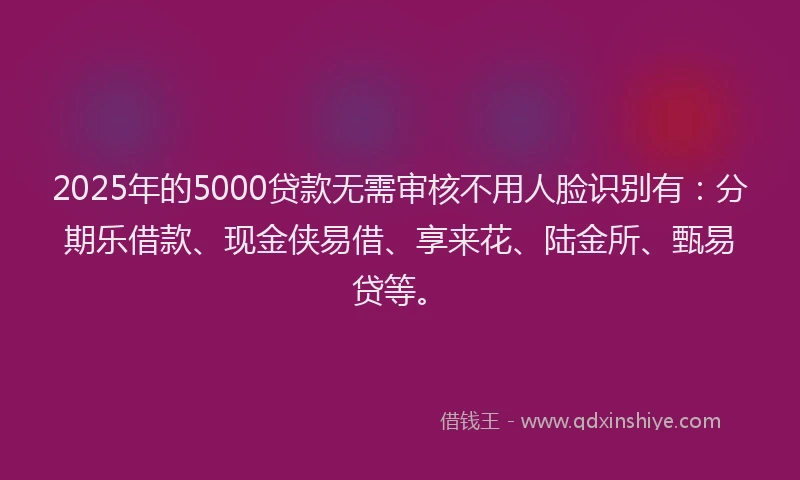 2025年的5000贷款无需审核不用人脸识别有:分期乐借款、现金侠易借、享来花、陆金所、甄易贷等。