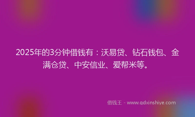 2025年的3分钟借钱有：沃易贷、钻石钱包、金满仓贷、中安信业、爱帮米等。