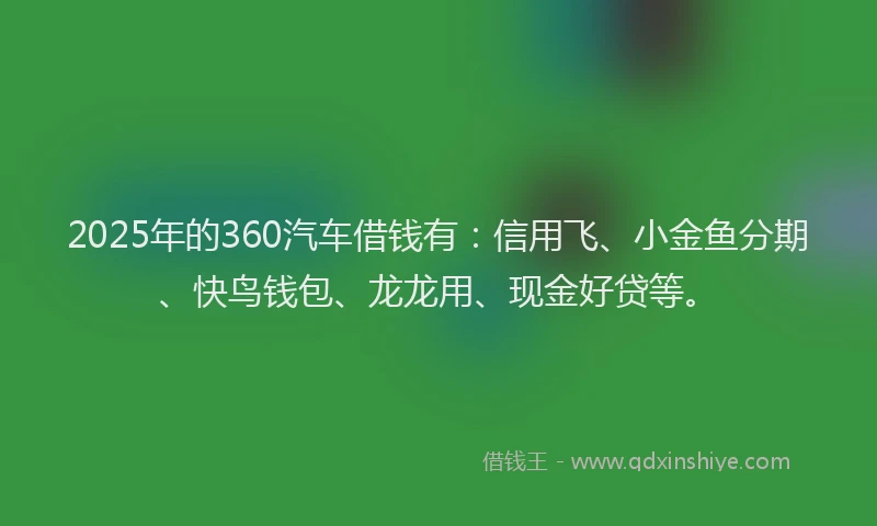 2025年的360汽车借钱有:信用飞、小金鱼分期、快鸟钱包、龙龙用、现金好贷等。