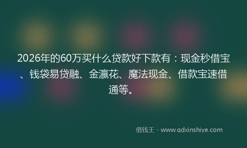 2026年的60万买什么贷款好下款有:现金秒借宝、钱袋易贷融、金瀛花、魔法现金、借款宝速借通等。