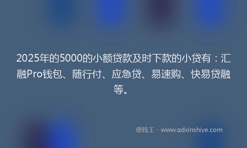 2025年的5000的小额贷款及时下款的小贷有：汇融Pro钱包、随行付、应急贷、易速购、快易贷融等。