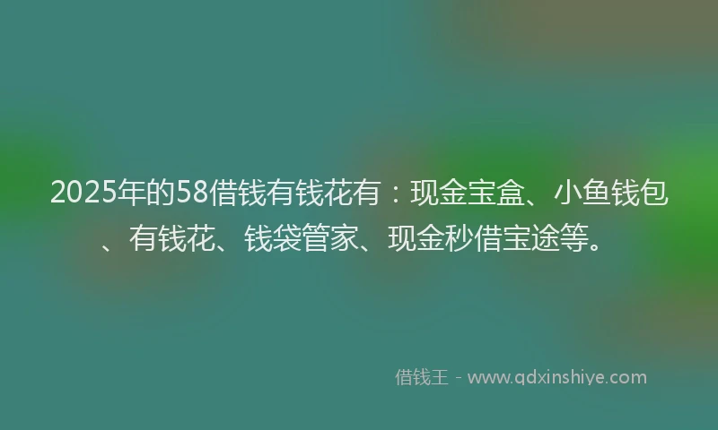 2025年的58借钱有钱花有：现金宝盒、小鱼钱包、有钱花、钱袋管家、现金秒借宝途等。