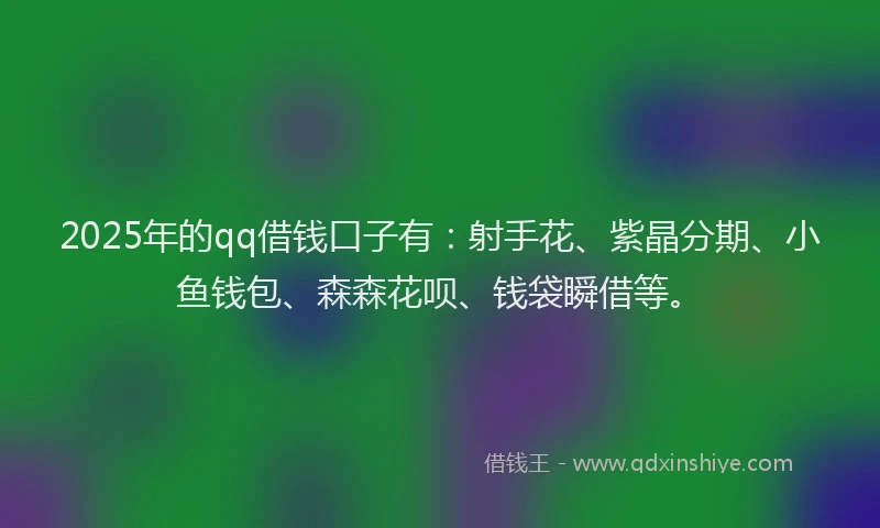 2025年的qq借钱口子有:射手花、紫晶分期、小鱼钱包、森森花呗、钱袋瞬借等。