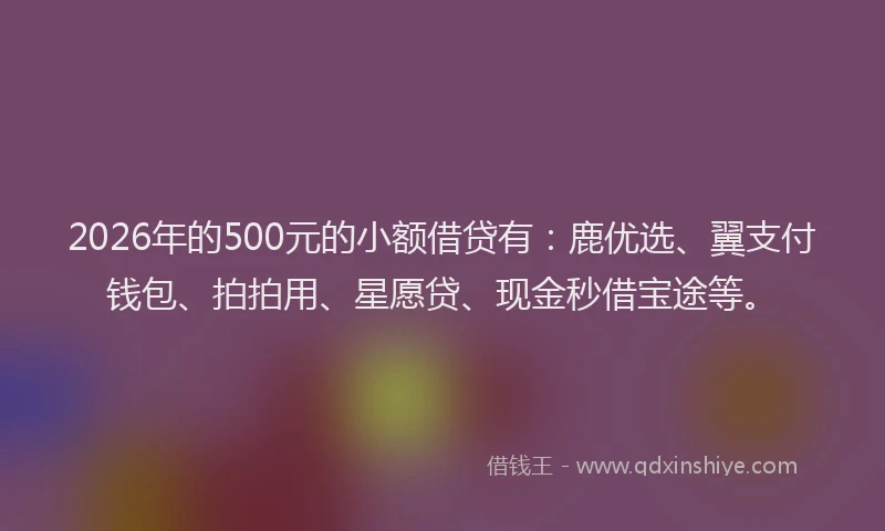 2026年的500元的小额借贷有：鹿优选、翼支付钱包、拍拍用、星愿贷、现金秒借宝途等。