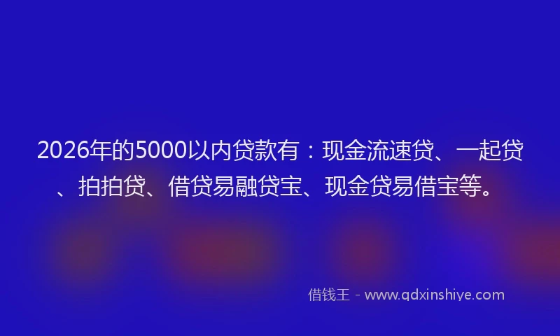 2026年的5000以内贷款有：现金流速贷、一起贷、拍拍贷、借贷易融贷宝、现金贷易借宝等。