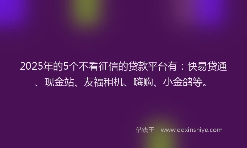 2025年的5个不看征信的贷款平台有:快易贷通、现金站、友福租机、嗨购、小金鸽等。