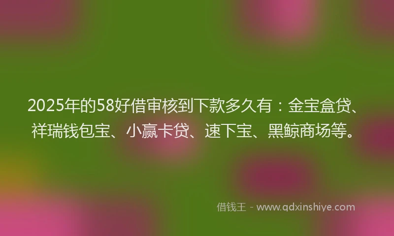 2025年的58好借审核到下款多久有：金宝盒贷、祥瑞钱包宝、小赢卡贷、速下宝、黑鲸商场等。