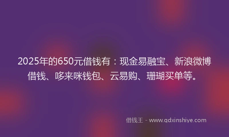 2025年的650元借钱有：现金易融宝、新浪微博借钱、哆来咪钱包、云易购、珊瑚买单等。
