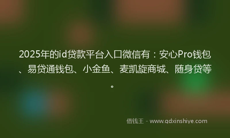 2025年的id贷款平台入口微信有：安心Pro钱包、易贷通钱包、小金鱼、麦凯旋商城、随身贷等。