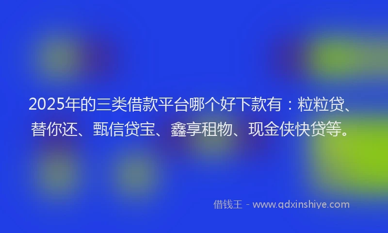 2025年的三类借款平台哪个好下款有:粒粒贷、替你还、甄信贷宝、鑫享租物、现金侠快贷等。