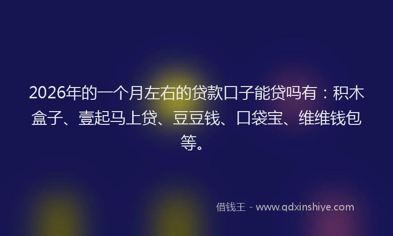 2026年的一个月左右的贷款口子能贷吗有:积木盒子、壹起马上贷、豆豆钱、口袋宝、维维钱包等。
