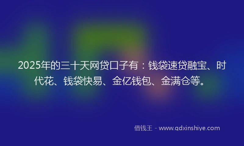 2025年的三十天网贷口子有：钱袋速贷融宝、时代花、钱袋快易、金亿钱包、金满仓等。