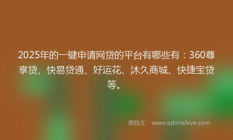 2025年的一键申请网贷的平台有哪些有：360尊享贷、快易贷通、好运花、沐久商城、快捷宝贷等。