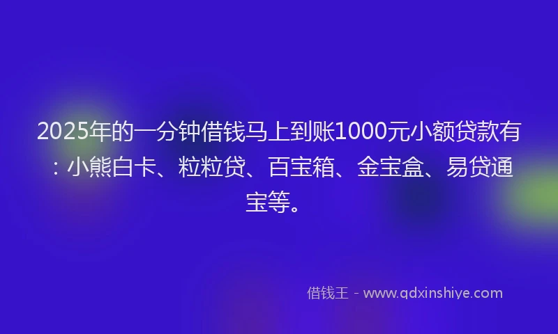 2025年的一分钟借钱马上到账1000元小额贷款有：小熊白卡、粒粒贷、百宝箱、金宝盒、易贷通宝等。