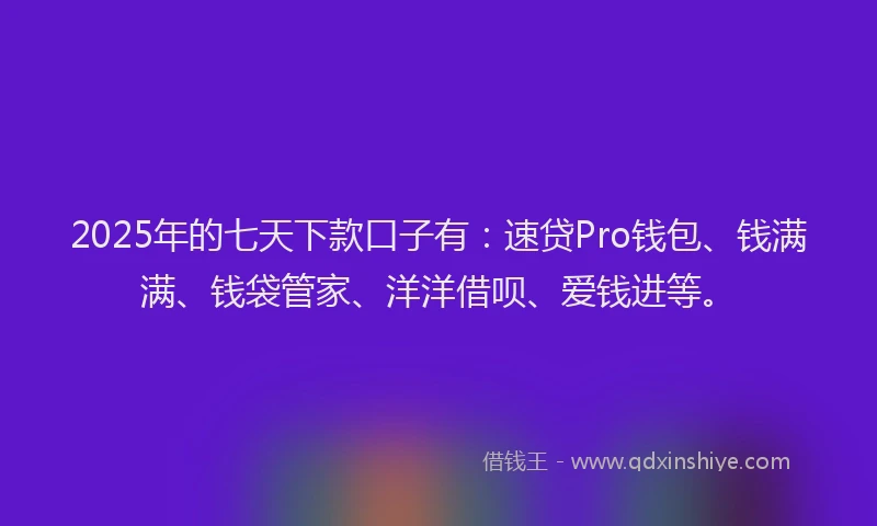 2025年的七天下款口子有：速贷Pro钱包、钱满满、钱袋管家、洋洋借呗、爱钱进等。