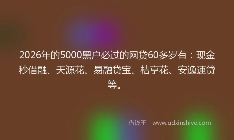 2026年的5000黑户必过的网贷60多岁有：现金秒借融、天源花、易融贷宝、桔享花、安逸速贷等。