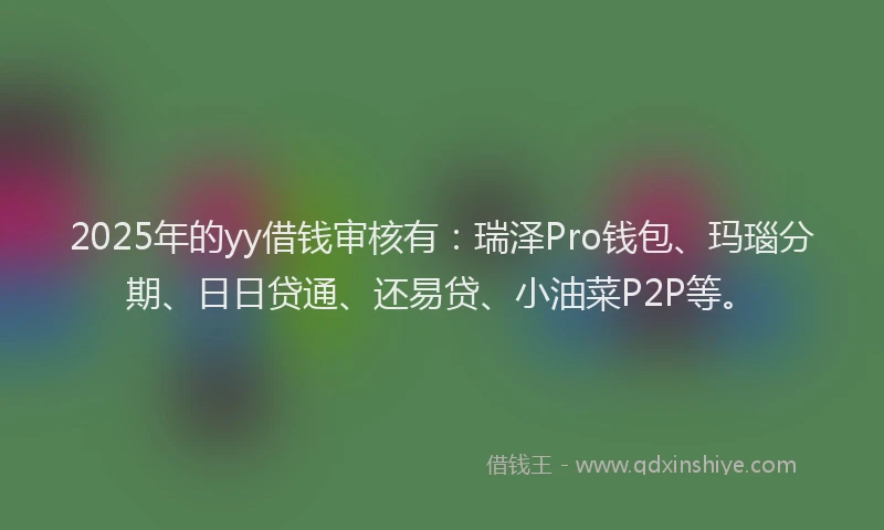 2025年的yy借钱审核有:瑞泽Pro钱包、玛瑙分期、日日贷通、还易贷、小油菜P2P等。