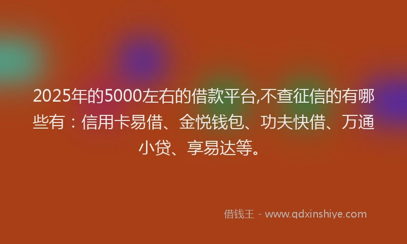 2025年的5000左右的借款平台,不查征信的有哪些有:信用卡易借、金悦钱包、功夫快借、万通小贷、享易达等。