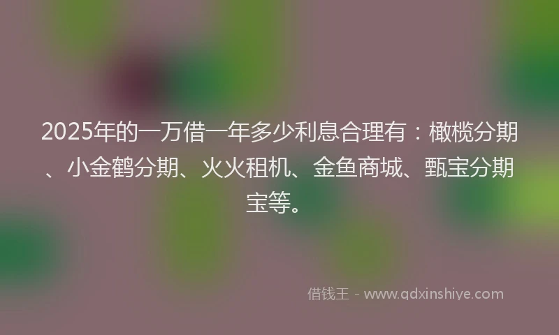 2025年的一万借一年多少利息合理有：橄榄分期、小金鹤分期、火火租机、金鱼商城、甄宝分期宝等。