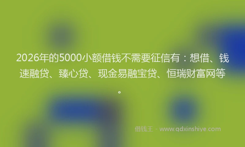 2026年的5000小额借钱不需要征信有:想借、钱速融贷、臻心贷、现金易融宝贷、恒瑞财富网等。