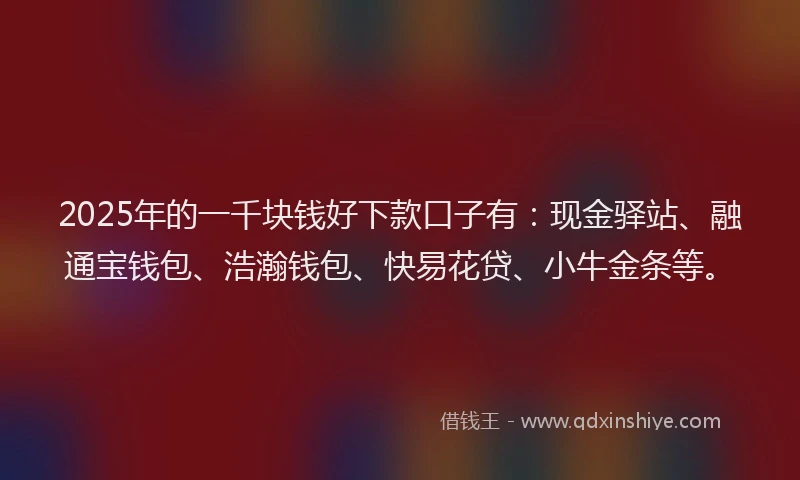 2025年的一千块钱好下款口子有：现金驿站、融通宝钱包、浩瀚钱包、快易花贷、小牛金条等。