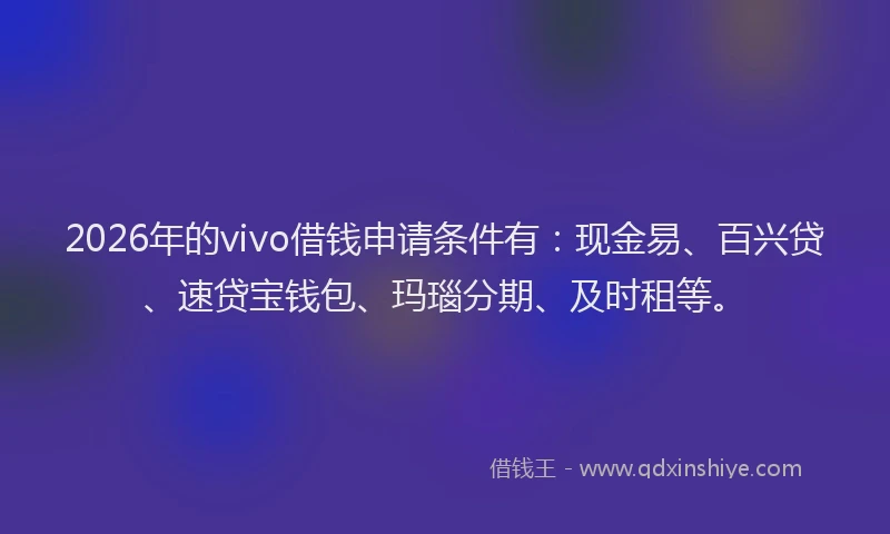 2026年的vivo借钱申请条件有：现金易、百兴贷、速贷宝钱包、玛瑙分期、及时租等。