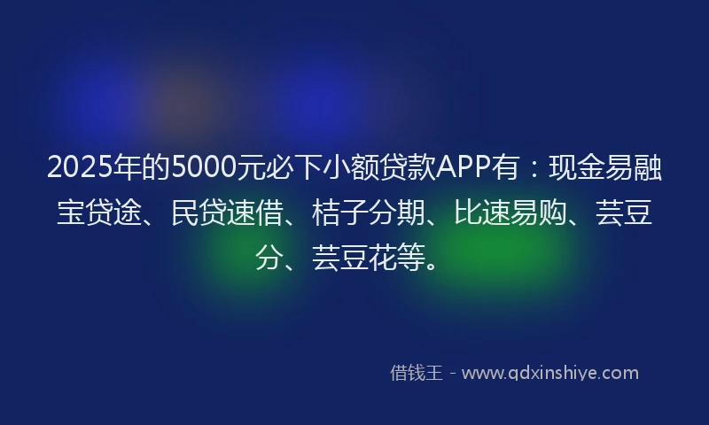 2025年的5000元必下小额贷款APP有：现金易融宝贷途、民贷速借、桔子分期、比速易购、芸豆分、芸豆花等。