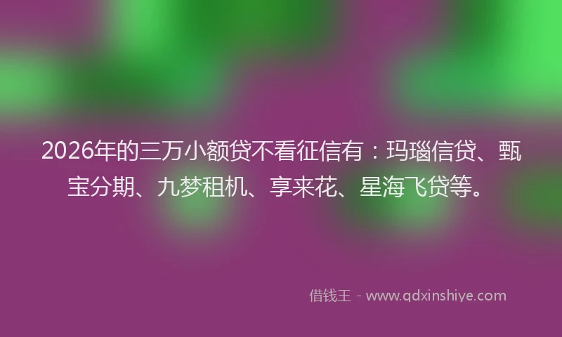 2026年的三万小额贷不看征信有：玛瑙信贷、甄宝分期、九梦租机、享来花、星海飞贷等。
