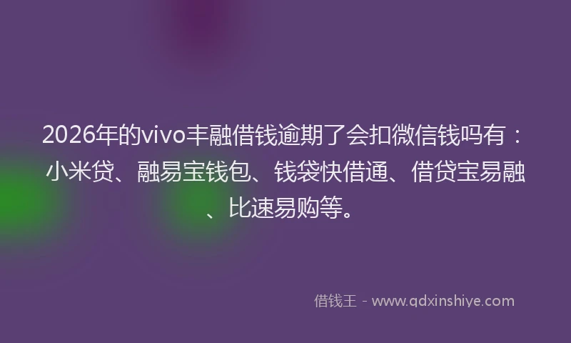 2026年的vivo丰融借钱逾期了会扣微信钱吗有：小米贷、融易宝钱包、钱袋快借通、借贷宝易融、比速易购等。