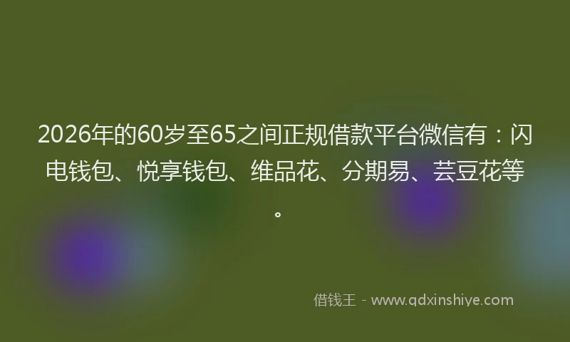 2026年的60岁至65之间正规借款平台微信有：闪电钱包、悦享钱包、维品花、分期易、芸豆花等。