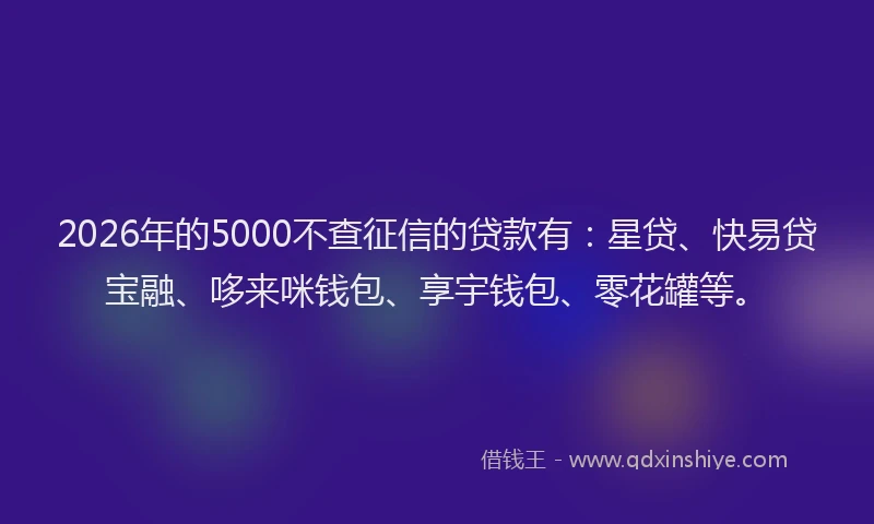 2026年的5000不查征信的贷款有：星贷、快易贷宝融、哆来咪钱包、享宇钱包、零花罐等。