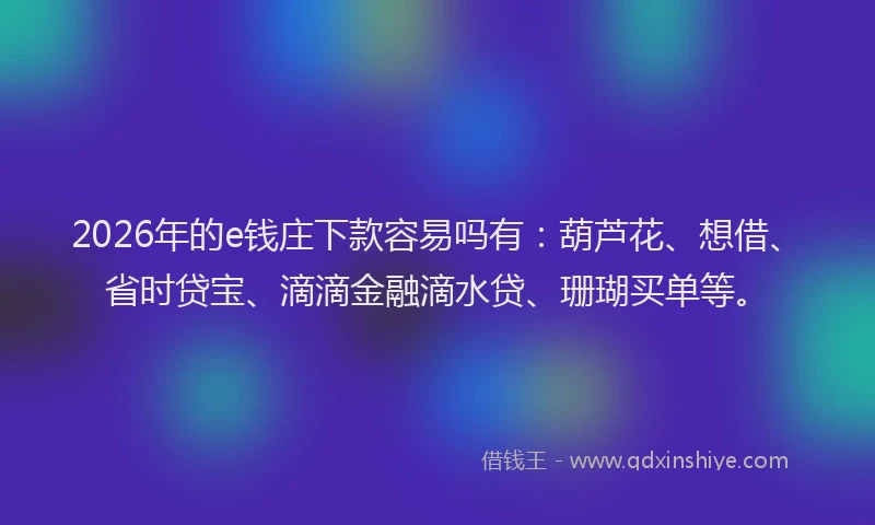 2026年的e钱庄下款容易吗有：葫芦花、想借、省时贷宝、滴滴金融滴水贷、珊瑚买单等。