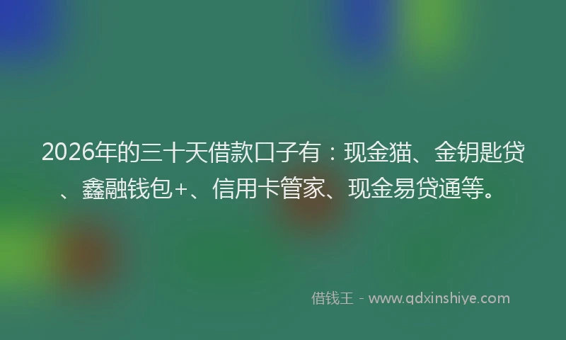 2026年的三十天借款口子有:现金猫、金钥匙贷、鑫融钱包+、信用卡管家、现金易贷通等。