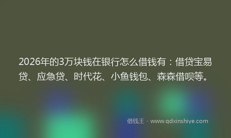 2026年的3万块钱在银行怎么借钱有：借贷宝易贷、应急贷、时代花、小鱼钱包、森森借呗等。