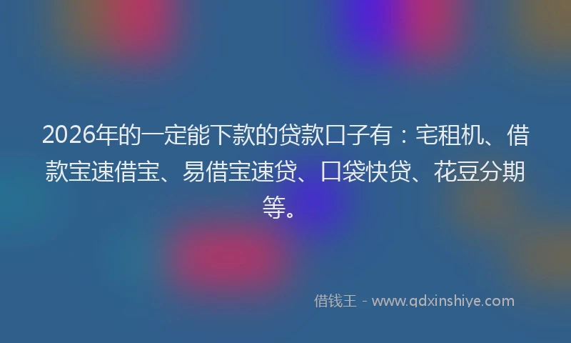 2026年的一定能下款的贷款口子有：宅租机、借款宝速借宝、易借宝速贷、口袋快贷、花豆分期等。